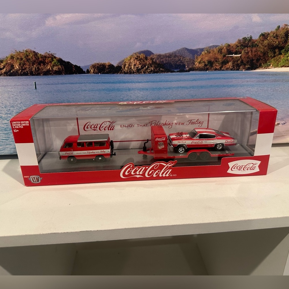 Coca Cola Red and White Toy Car and Trailer Set